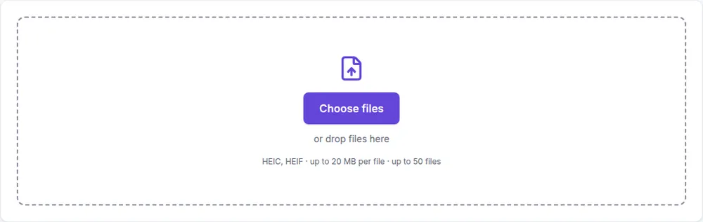 Filecon's HEIC to JPG upload area before any file is added: a Choose files button, the words 'or drop files here', and the limits 'HEIC, HEIF · up to 20 MB per file · up to 50 files'.