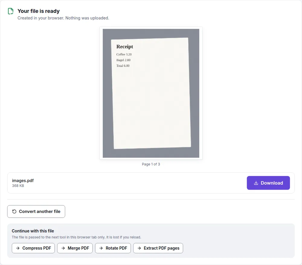 Filecon result screen saying Your file is ready, created in your browser with nothing uploaded, showing a preview of page 1 of 3 (a receipt), the file images.pdf at 368 KB with a Download button, and buttons to continue with Compress PDF, Merge PDF, Rotate PDF or Extract PDF pages.